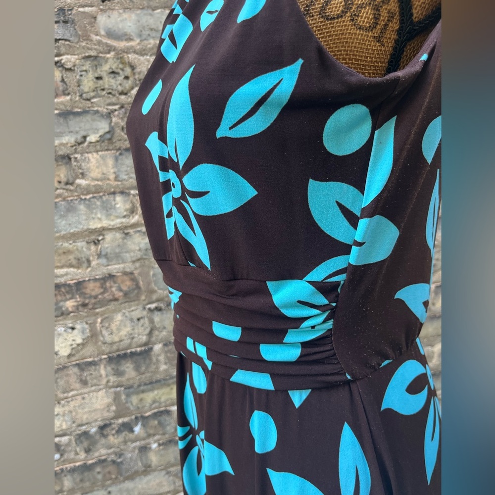 Jessica Howard Ruched Midi Dress Hawaiian Print Floral Chocolate Blue Size 12 - Picture 5 of 10